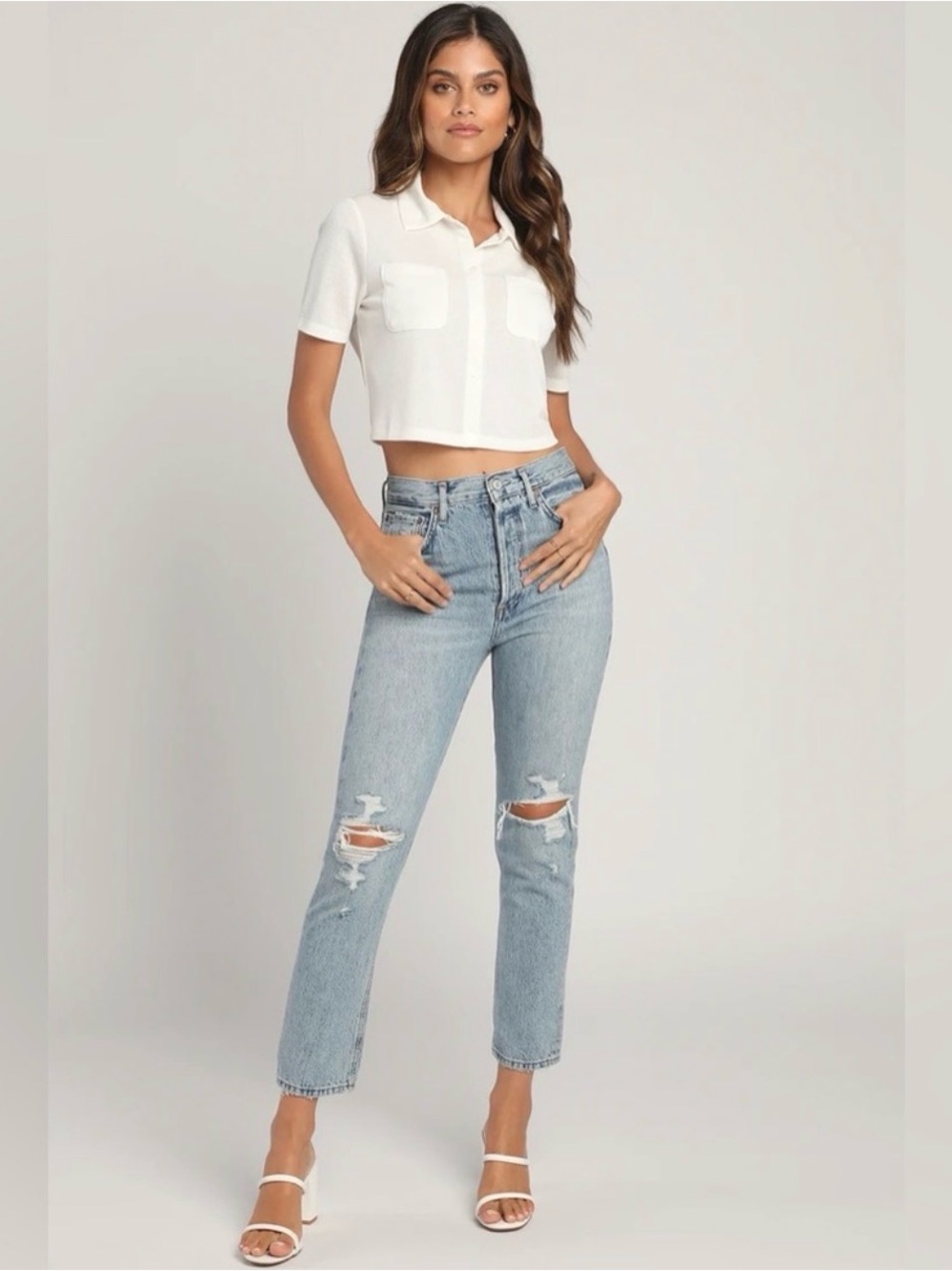 Agolde Riley Light Blue High-Rise Distressed Straight Jeans 25